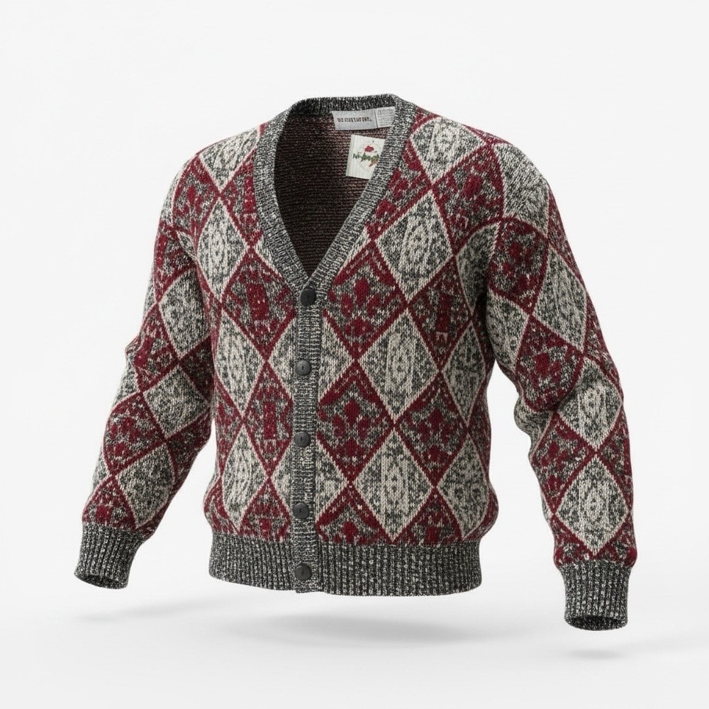 McGregor Mens Nordic Grunge Faire Isle Cardigan Sweater Large Red Vintage Gray‎